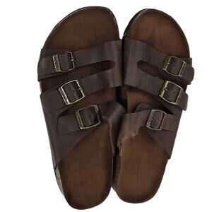 Women's 6 Triple Buckle Brown Leather Slip On Slide Sandals Hippie Comfort
